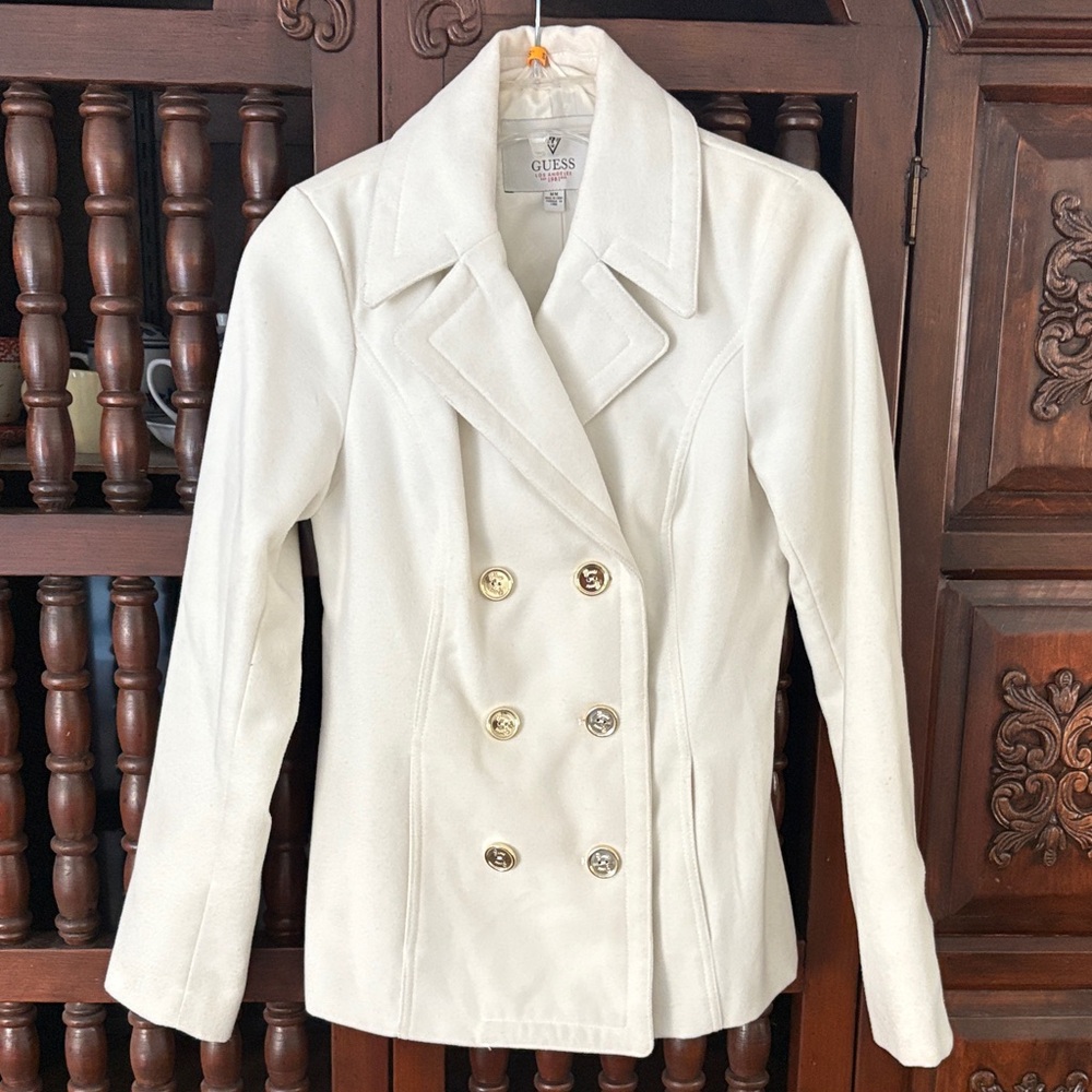 GUESS Women's cream/white Double-Breasted Pea Coat